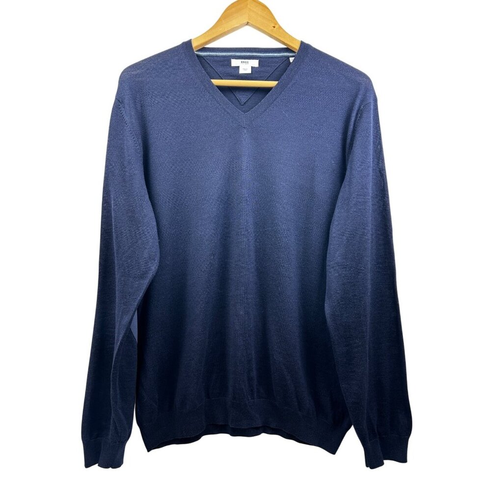 BRAX Sweater Mens XL 100% Merino Wool Navy Blue V-Neck Elbow Patch Classic Luxe